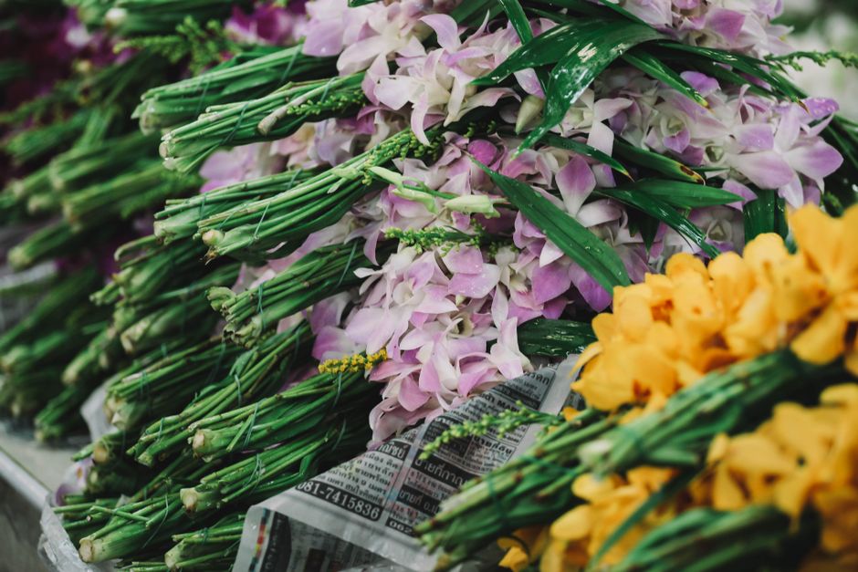 A close-up image of freshly cut flowers arranged in bouquets, featuring predominantly pink and purple orchids with delicate petals and glossy green stems, intertwined with long, slender leaves. Adjace