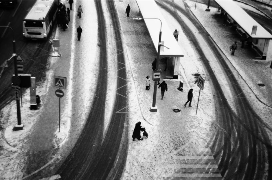 A black and white photograph of a busy outdoor bus stop at Turnpike Lane station in Harringay, showing several pedestrians walking along snowy, icy pavement. The scene includes a row of bus shelters w