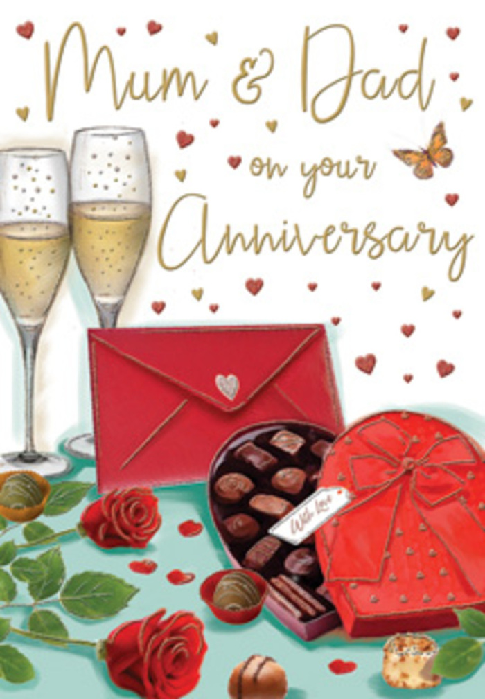 Illustrated anniversary card design capturing an indulgent, romantic moment laid out on a tabletop, reminiscent of a carefully styled celebration in a Harringay townhouse. At the heart of the picture lie several lush red roses, their petals layered and velvety, the kind of perfectly opened blooms a florist might choose at first light from a local market near Green Lanes. Their stems disappear beneath a fan of glossy green leaves, adding depth and freshness to the arrangement. Just beside them is a heart-shaped box of chocolates, its lid turned back to show off a tempting array of round and square truffles, some drizzled, some dusted, all tucked into snug little compartments that suggest thoughtful variety. A sumptuous red bow crowns the box, with wide, flowing tails that arc gracefully across the card, the sheen of the ribbon rendered with soft highlights that imply a silky texture. Behind this sits a pair of tall, slim champagne flutes filled with pale golden bubbly; delicate streams of rising bubbles and gentle reflections on the glass surface give a sense of movement and anticipation, as if a loving couple is about to clink glasses for another year together. Scattered golden and crimson hearts drift across the background, encircling hand-lettered wishes for Mum & Dad, turning the scene into a tribute to longstanding parental love. A scarlet envelope lies nearby, neatly sealed and slightly angled, hinting at meaningful words written inside. Warm, ambient lighting bathes the entire composition, creating soft shadows and a subtle glow that makes the card feel like a private anniversary moment shared at home somewhere between Crouch End and Finsbury Park, away from the rush of the city.