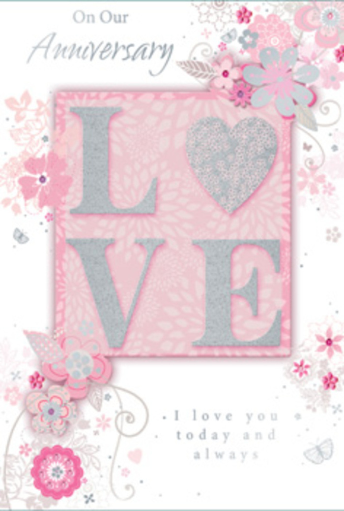 This close view of an anniversary card captures the feeling of stepping into a softly sunlit Harringay living room where love is quietly celebrated every day. The card's focal point is the word LOVE, printed in large capitals that rise gently from the surface in a frosted, glittered finish. The glitter is not brash or overly bright; instead, it scatters light in tiny, icy specks, like frost along the edges of leaves in Finsbury Park on an early winter morning. Around this central word, delicate, hand-drawn blooms trace a loose border, drifting along the top, bottom, and sides in a way that feels almost like petals carried on a breeze. Their shades span blush pink, lilac-tinted grey, and creamy ivory, merging subtly where petals overlap, as if created with soft pencil and watercolor rather than solid ink. Slender stems and tendrils curl gracefully, giving the impression of a florist's quick but confident sketches when planning a romantic bouquet for same-day delivery around Harringay. Tiny leaves, little filigree curls, and the faint suggestion of butterfly wings tuck into the design, some nearly hidden, rewarding a second look. The background is a gentle, warm off-white that allows the pastel shades to stand out without harsh contrast, lending the card a calm, intimate atmosphere. Near the base, in understated yet heartfelt type, sits the message I love you today and always, nestled among the floral lines like a card tucked into a bouquet. The overall composition feels like a hand-tied arrangement translated into paper: graceful, considered, and quietly fragrant in the imagination, perfect for an anniversary shared at home after a walk through the streets of Harringay.
