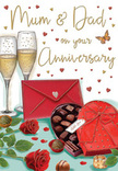 Romantic anniversary card illustration showing an intimate celebration scene laid out as if on a table in a Harringay living room, just after the flowers and treats have been set down. In the foreground, several red roses lie casually but elegantly, each bloom fully open to reveal layers of soft, velvety petals, with the deep crimson tones richly shaded and framed by their own dark green leaves. The flowers have the look of a florist-selected bouquet, freshly gathered from a nearby shop on Green Lanes. To their side, a heart-shaped box of chocolates rests partially open, revealing orderly rows of truffles with varied toppings, from smooth glazes to delicate swirls, suggesting a mix of flavours ready to be savoured together. The box is wrapped with a generous red satin bow, its loops full and rounded, catching highlights that give a sense of luxurious texture. Standing just behind, two slim champagne flutes filled with pale gold fizz rise side by side, their tall stems and softly glowing liquid evoking the quiet elegance of an evening toast at home. Tiny hearts in shades of crimson and gold float across the background, some clustered, some scattered, drawing the eye toward handwritten words addressed lovingly to Mum & Dad. A bright red envelope lies nearby, flap neatly closed, signalling a personal, heartfelt message tucked safely inside. The overall colour palette of reds, golds, and greens is warmed by gentle, ambient light, giving the card a cosy, affectionate mood that feels perfectly suited to marking a special anniversary shared with family.